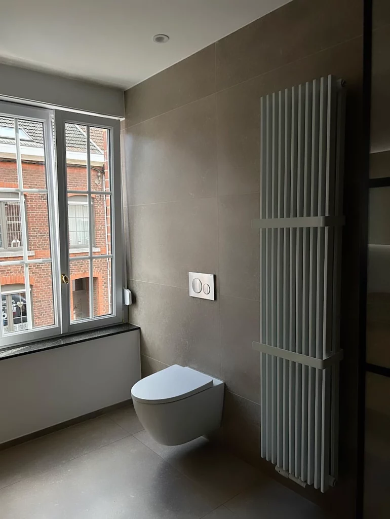 WC suspendu et radiateur sèche-serviettes vertical intégrés dans une salle de bain contemporaine à Welkenraedt